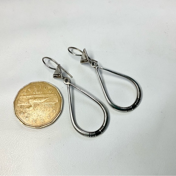 Vintage Sterling Silver Jet Inlay Long Dangle Earrings - Picture 3 of 5